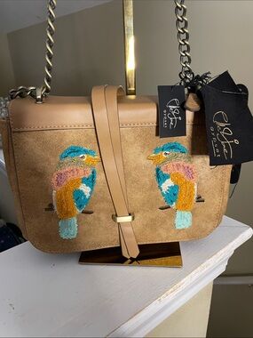 Chic Tan Suede Crossbody Bag with Embroidered Bird Motif - by